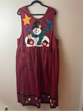 Handmade Red Check Holiday Snowman Apron Dress 2XL